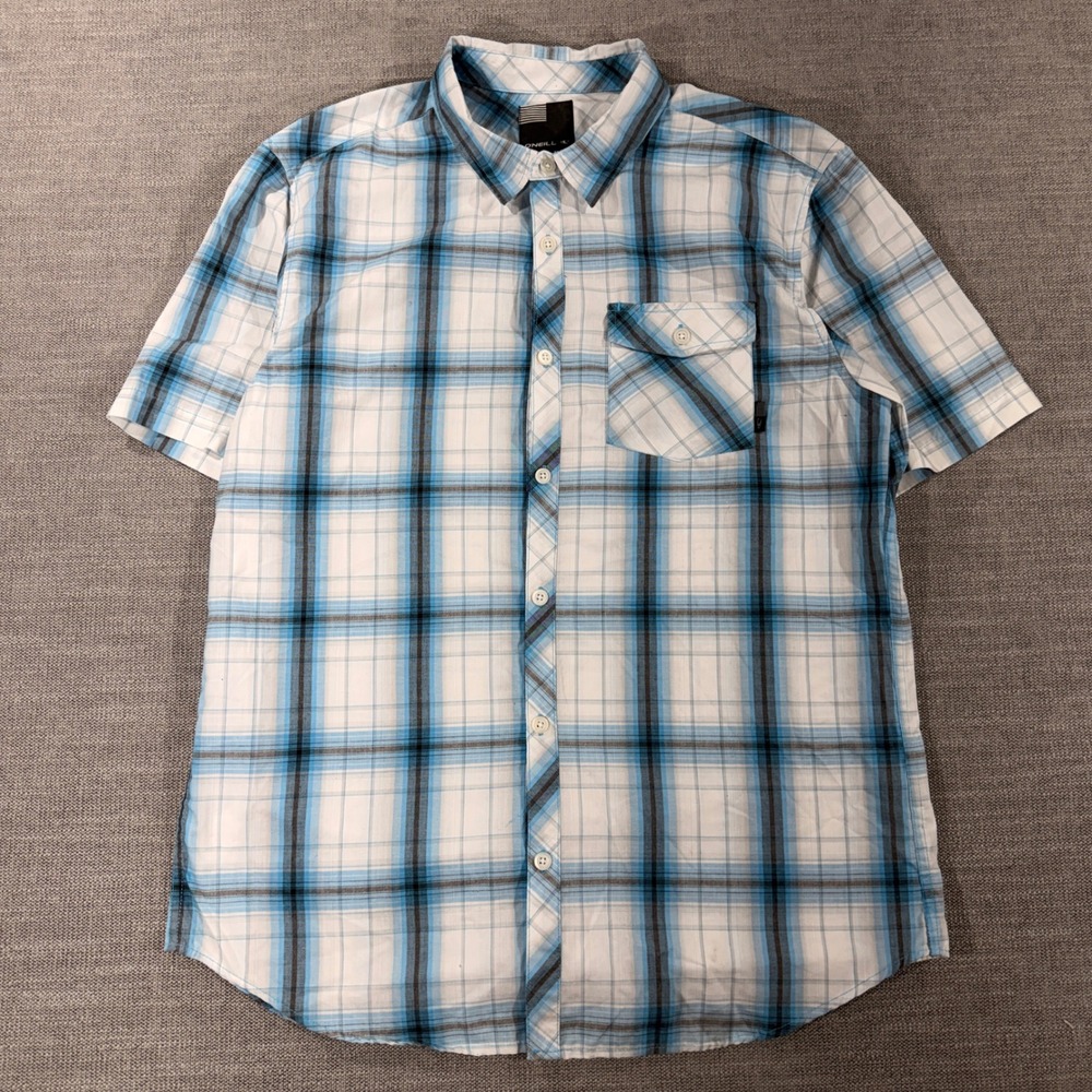 O'Neill Button Down Shirt Mens Large White Blue Excellent Plaid‎ Short Sleeve